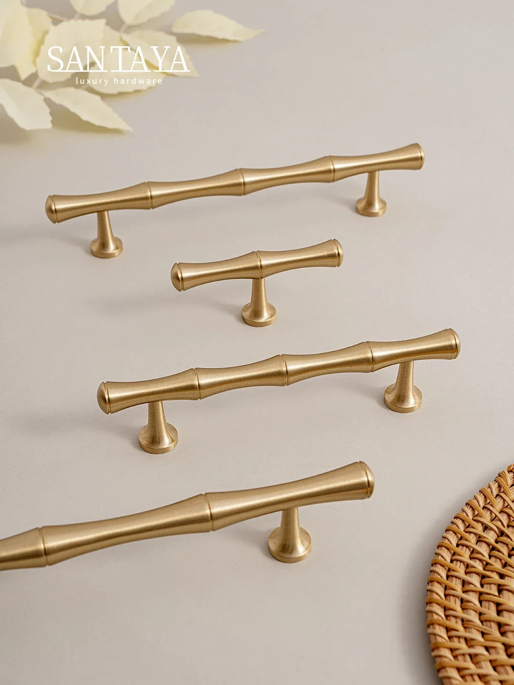 Santaya Solid Brushed Brass Handle Bamboo Kitchen Cabinet Pull Wardrobe Drawer Knob