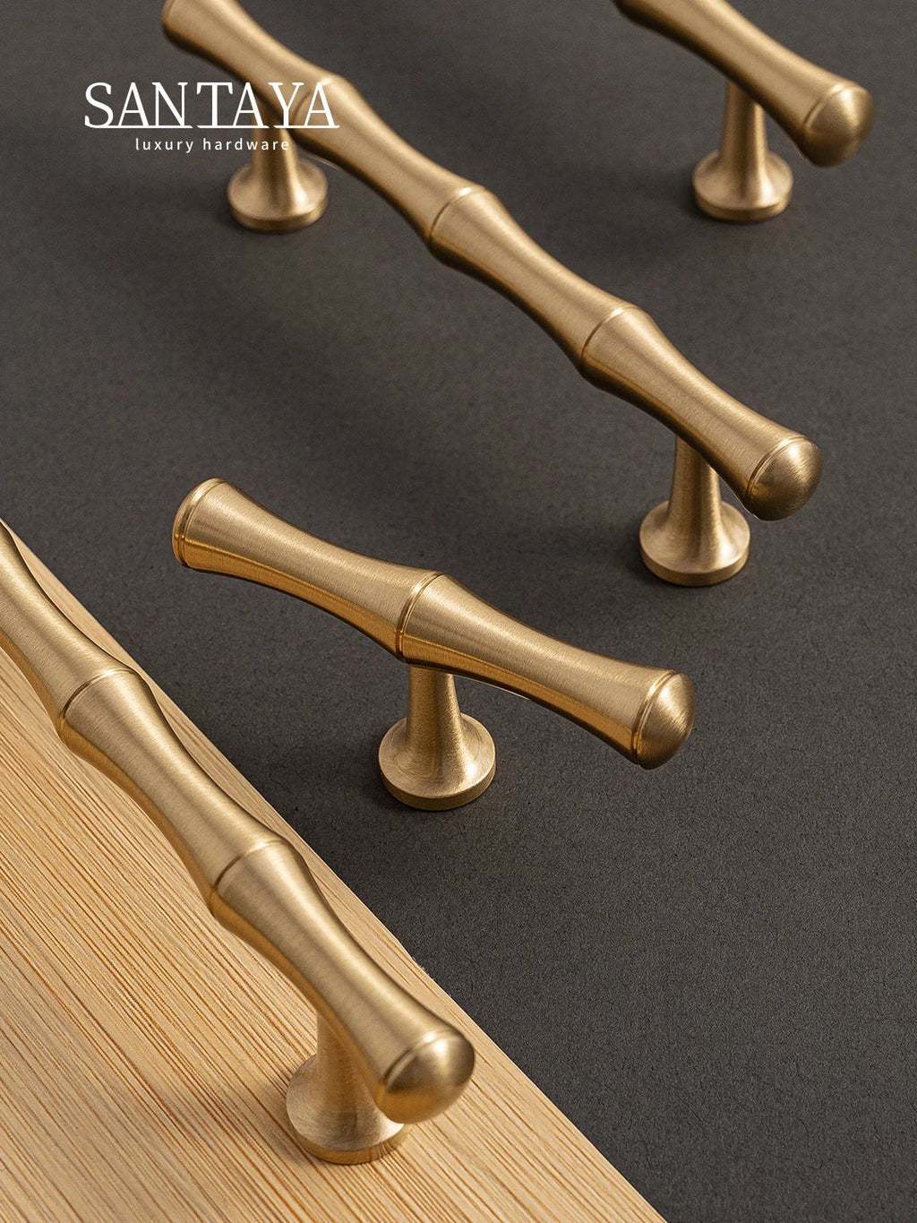 Santaya Solid Brushed Brass Handle Bamboo Kitchen Cabinet Pull Wardrobe Drawer Knob