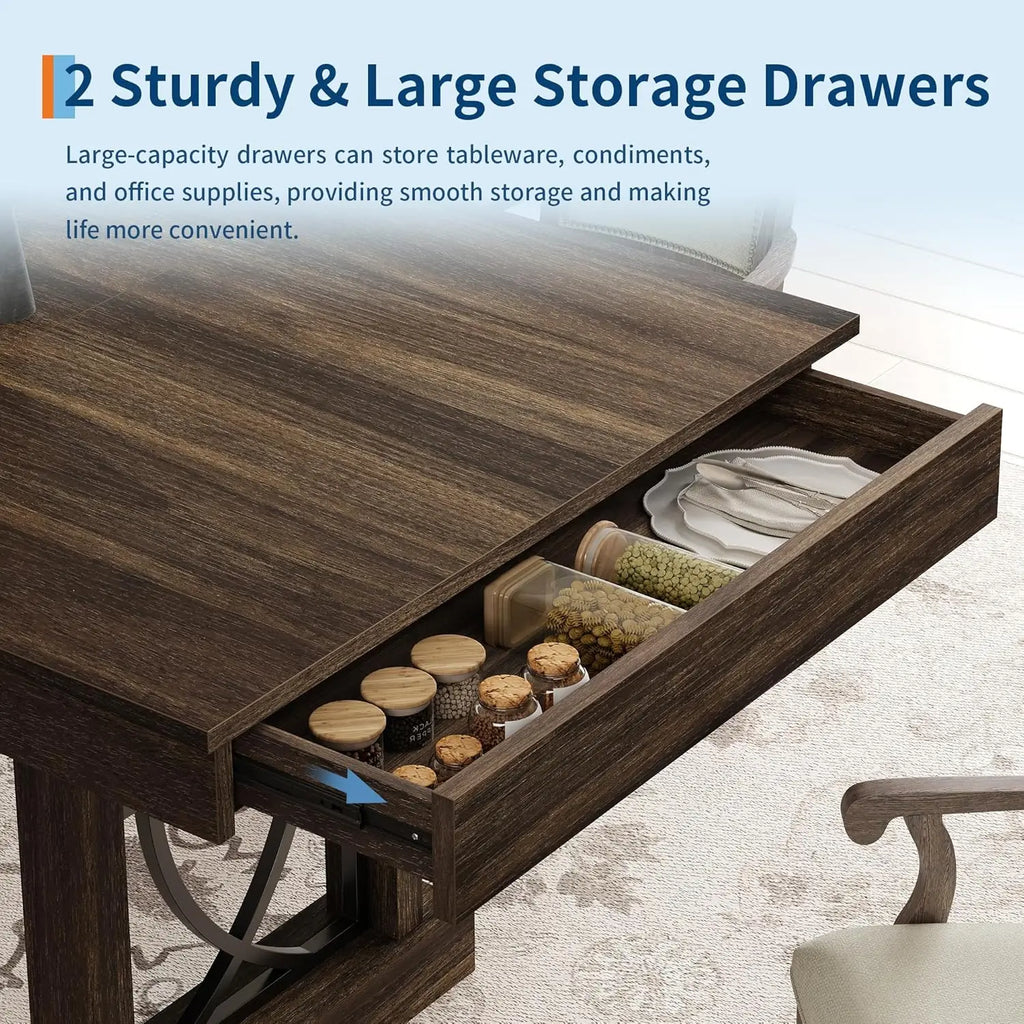 Wooden Rectangular Kitchen Table with Double Pedestal & Large Tabletop Dining Room Table for 6-8 with 2 Drawers Walnut