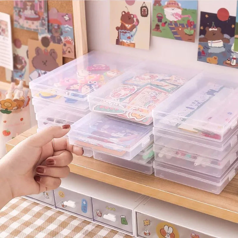 1pc Transparent Plastic Pencil Box School Office Supplies Pens Markers Erasers Tape Stickers Beads Storage Organizer Box