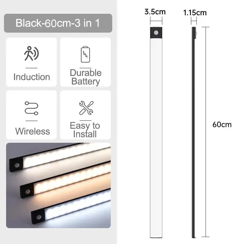 10-60cm Ultra-Thin Motion Sensor Light Magnetic Mount USB Rechargeable 3-Color Adjustment Under Cabinet Light for Home Office