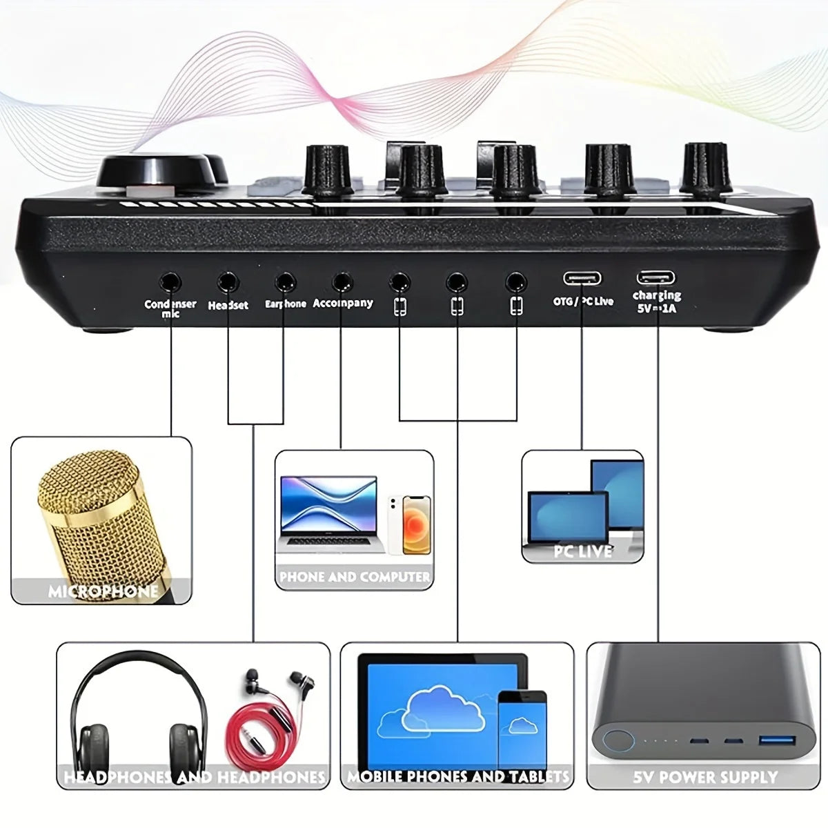 UV color stripe/dynamic microphone professional audio mixer, podcast equipment kit, condenser microphone with stand, gift, suita