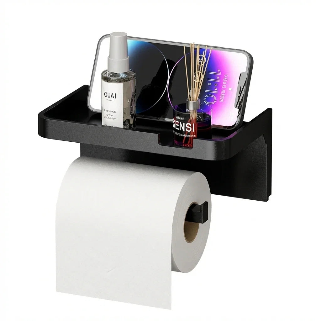 1 Pack Wall-Mounted No-Drill Toilet Paper Holder with Shelf Phone Holder Bathroom Tissue Roll Dispenser Polypropylene Material