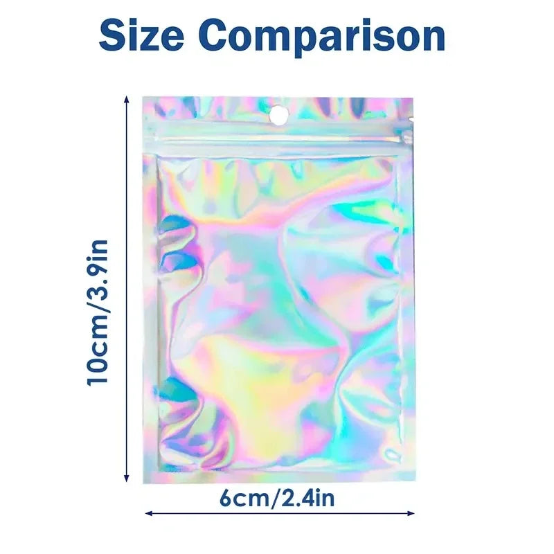 100pcs Holographic PP Poly Bags with Self-Sealing Strip, Reusable Jewelry and Phone Case Packaging Pouches