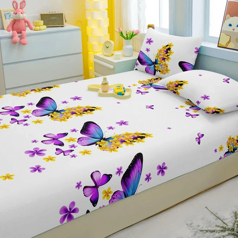 1 Simple Modern Butterfly Printed Matte Fitted Sheet, Bedroom Printed Bed Cover, Bedding (Excluding Pillowcases)