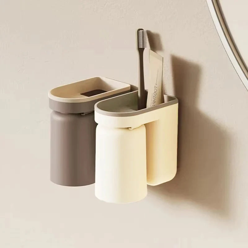1 Pc Innovative Toothbrush Storage Rack No Hole Light Luxury Mouthwash Cup Brush Cup Wall Mounted Bathroom Organizer Couple