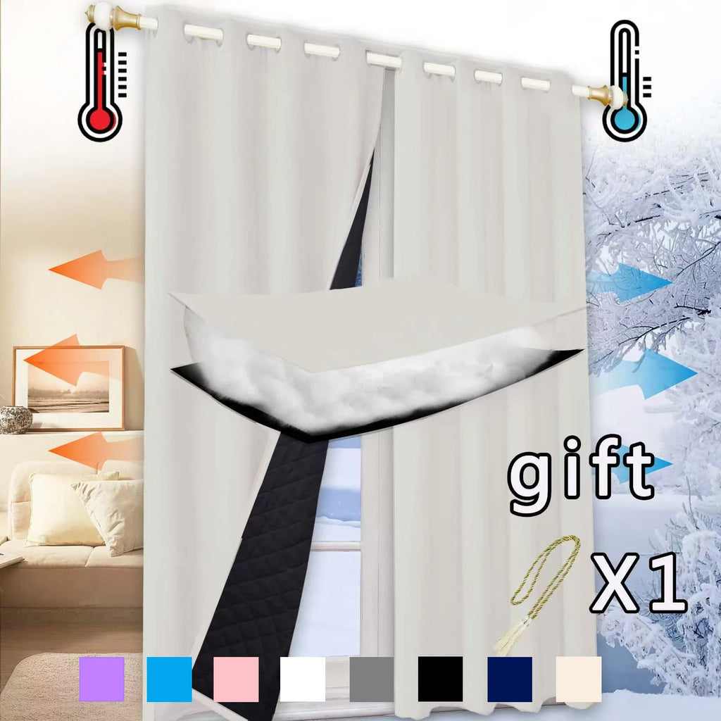 Clearance_Winter Warm Quilted Folder Cotton Curtains for Bedroom 100% Blackout Thick Thermal Curtains Sound Proof Drapes Cold Wi