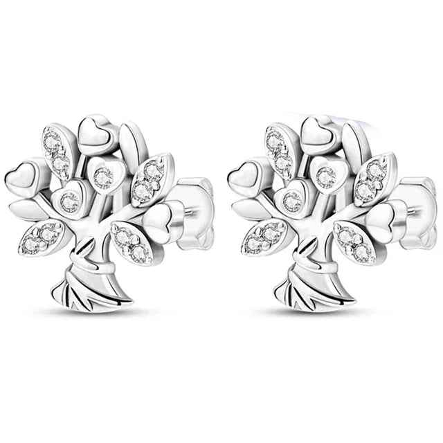Double Hoop Family Tree Crown Earrings | 925 Sterling Silver Studs