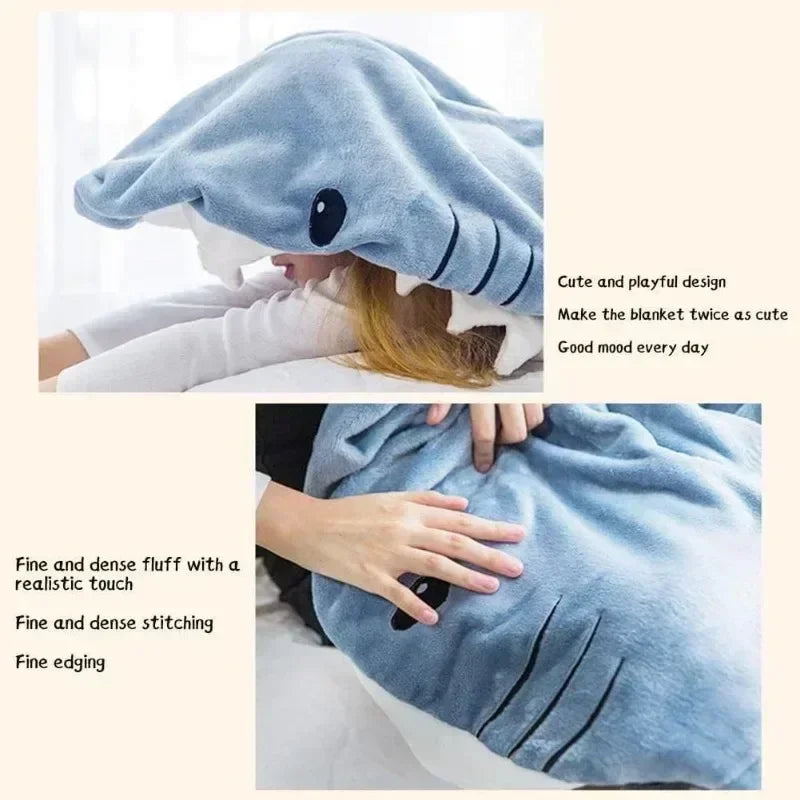 Cartoon Shark Blanket Plaid Gown Sleeping Bag Women Pajamas Adult Blanket Flannel Shark Nightrobe Comfy Bathrobe Homewear Gift