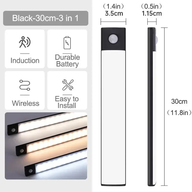 10-60cm Ultra-Thin Motion Sensor Light Magnetic Mount USB Rechargeable 3-Color Adjustment Under Cabinet Light for Home Office
