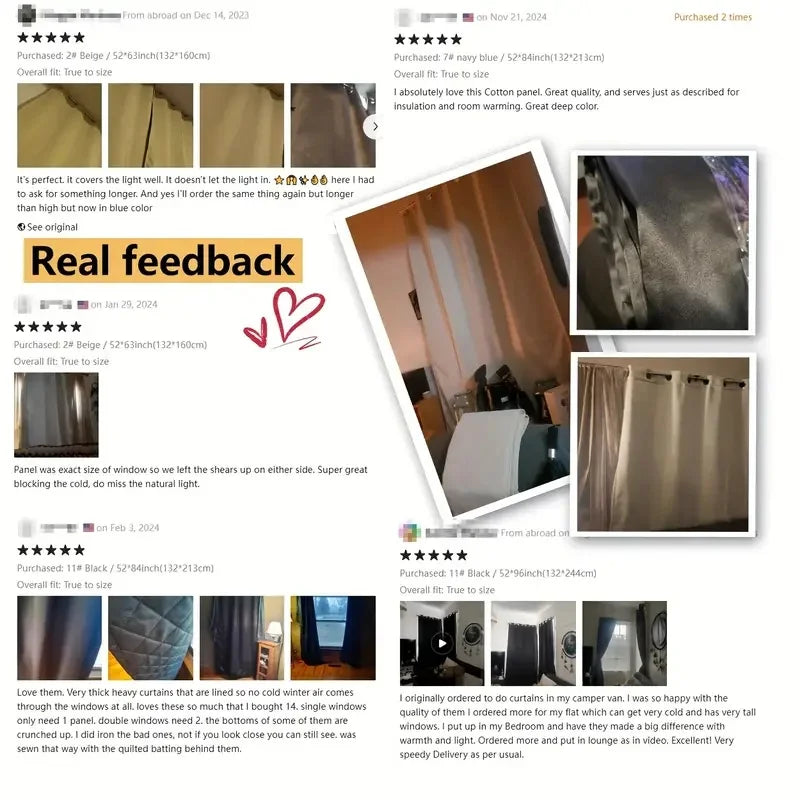 Clearance_Winter Warm Quilted Folder Cotton Curtains for Bedroom 100% Blackout Thick Thermal Curtains Sound Proof Drapes Cold Wi