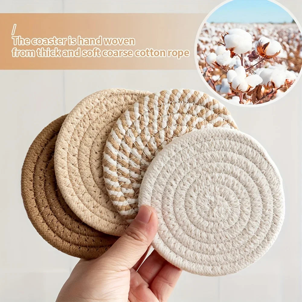 4pcs Woven Absorbent Coaster Set High-Temperature Resistant Cup Pad for Coffee Tea Drinks