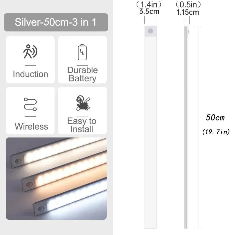 10-60cm Ultra-Thin Motion Sensor Light Magnetic Mount USB Rechargeable 3-Color Adjustment Under Cabinet Light for Home Office
