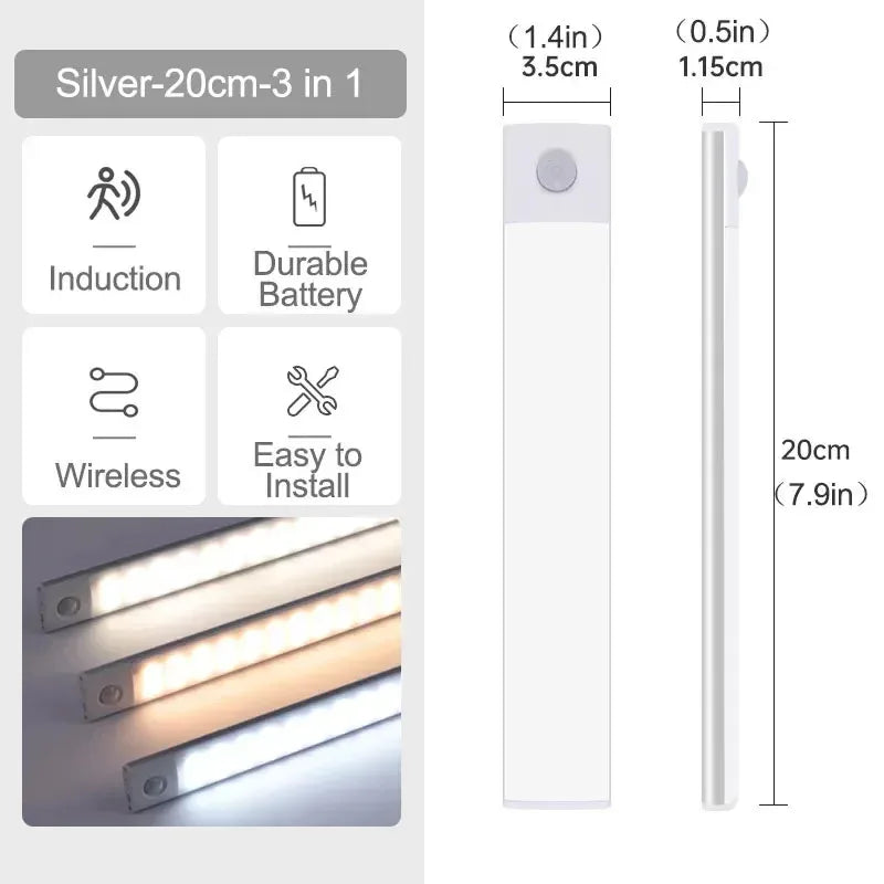 10-60cm Ultra-Thin Motion Sensor Light Magnetic Mount USB Rechargeable 3-Color Adjustment Under Cabinet Light for Home Office