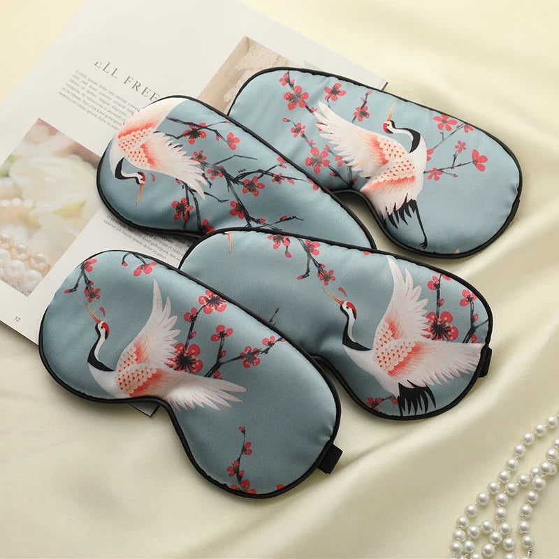 Imitated Silk Sleeping Eye Mask with Crane Print | Adjustable Blindfold for Travel and Relaxation