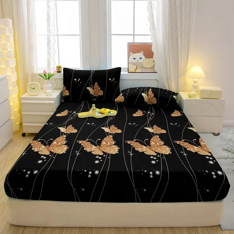 1 Simple Modern Plant Flower Butterfly Printed Matte Fitted Sheet, Bedroom Printed Bed Cover, Bedding (Excluding Pillowcases)