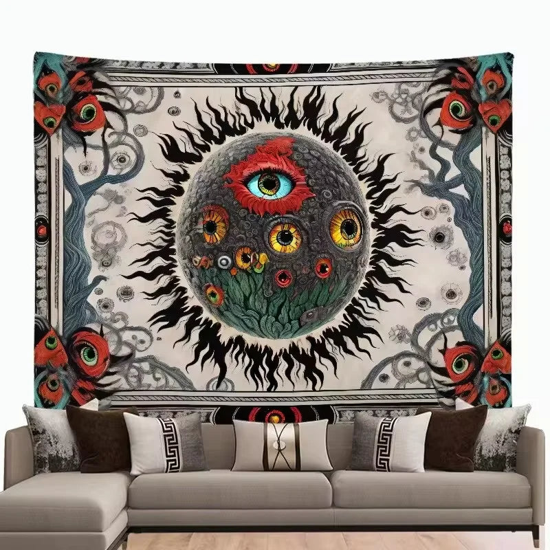 1pc A Large Fantasy Mandala Flower AndPlant Tapestry Adorned with Eerie EyesAnd a Background cloth Burning In TheSun
