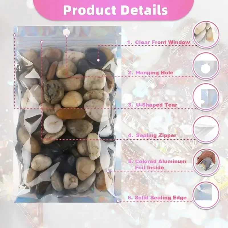 100pcs Holographic PP Poly Bags with Self-Sealing Strip, Reusable Jewelry and Phone Case Packaging Pouches