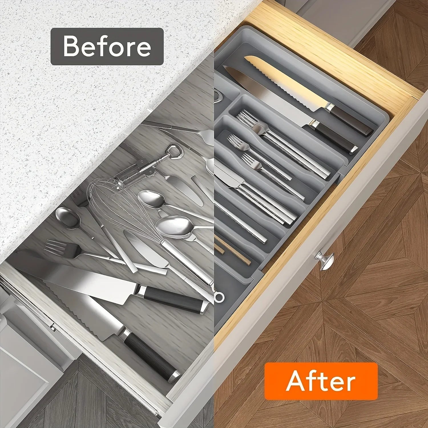 New Adjustable Cutlery Organizer - Upgraded Plastic Storage Tray with Dividers, Ideal for Organizing Spoons and Knife Drawers.