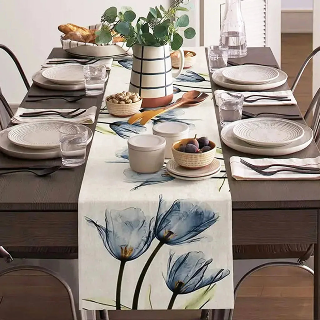 1pc Blue&Orange Tulip Linen Table Rustic Farmhouse Style Table Runner 13 x 72Inch, Kitchen Dining Table Decoration