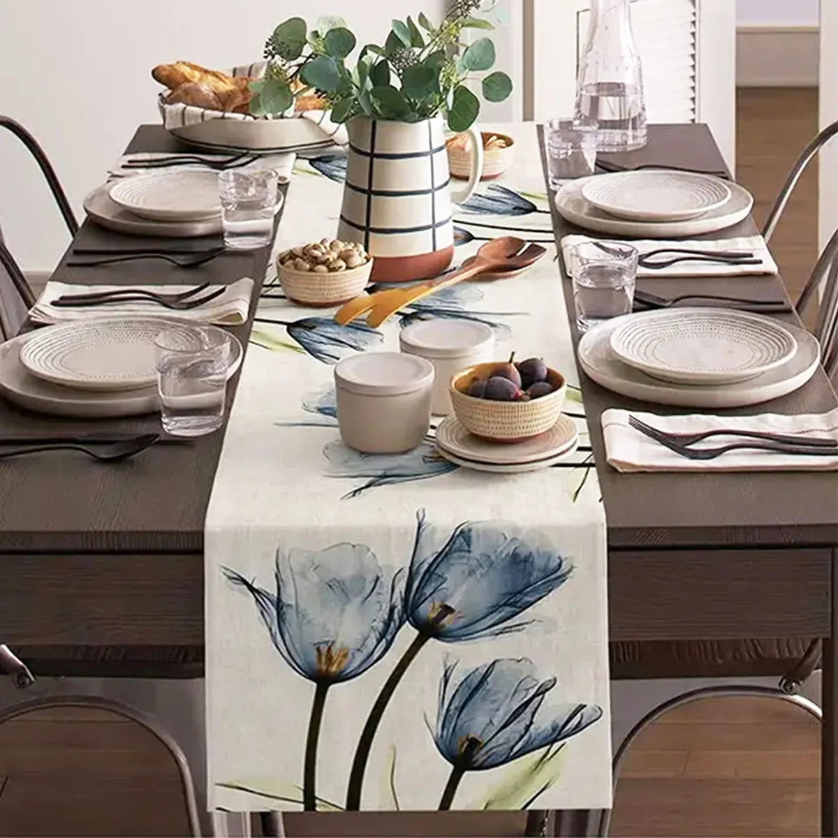 1pc Blue&Orange Tulip Linen Table Rustic Farmhouse Style Table Runner 13 x 72Inch, Kitchen Dining Table Decoration