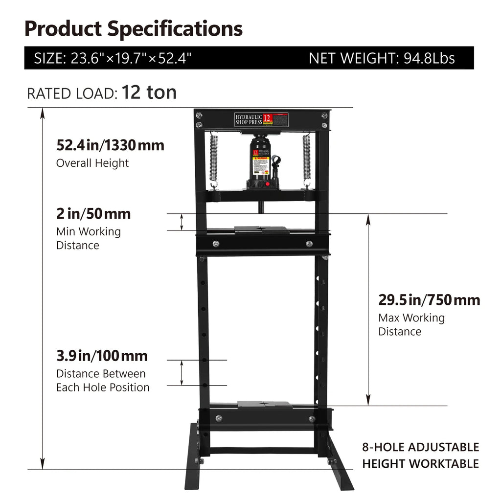 12 Ton Hydraulic Shop Press h-Frame Bench Press with Pressure Gauge Bearing Press for Automotive Repair Garage Metalworking Tool