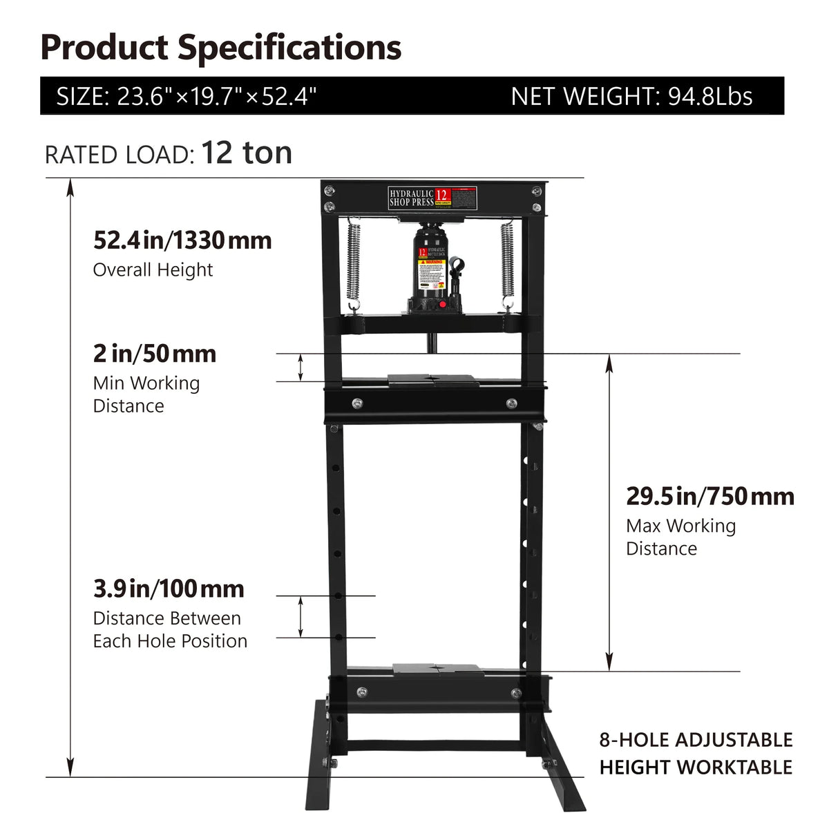 12 Ton Hydraulic Shop Press h-Frame Bench Press with Pressure Gauge Bearing Press for Automotive Repair Garage Metalworking Tool