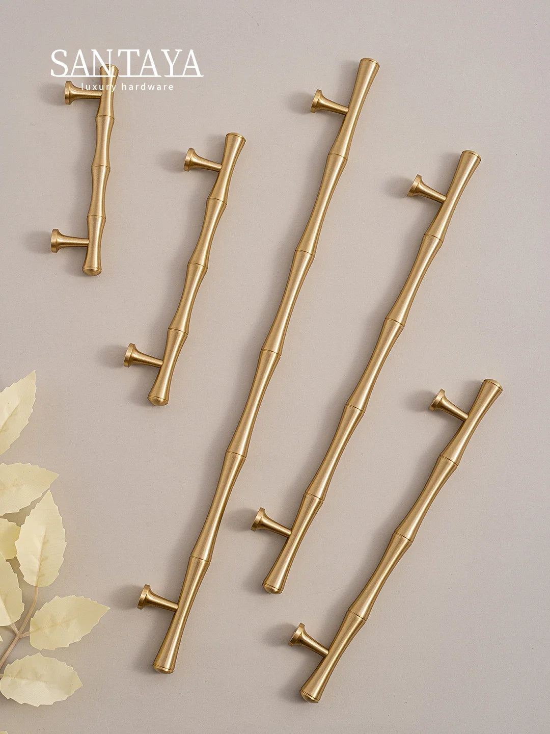 Santaya Solid Brushed Brass Handle Bamboo Kitchen Cabinet Pull Wardrobe Drawer Knob