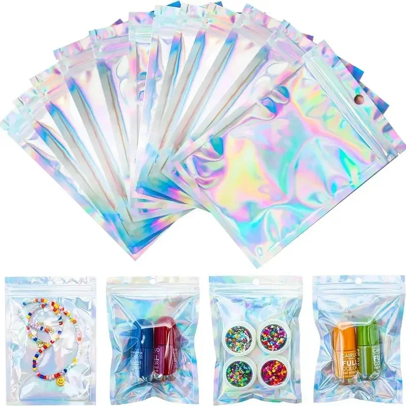 100pcs Holographic PP Poly Bags with Self-Sealing Strip, Reusable Jewelry and Phone Case Packaging Pouches