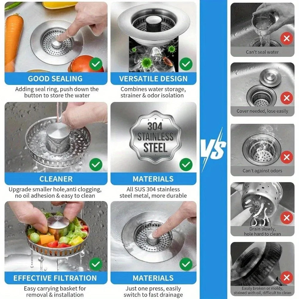 3-in-1 Sink Strainer – Pop-Up Stopper with Anti-Clog Basket and Odor Filter