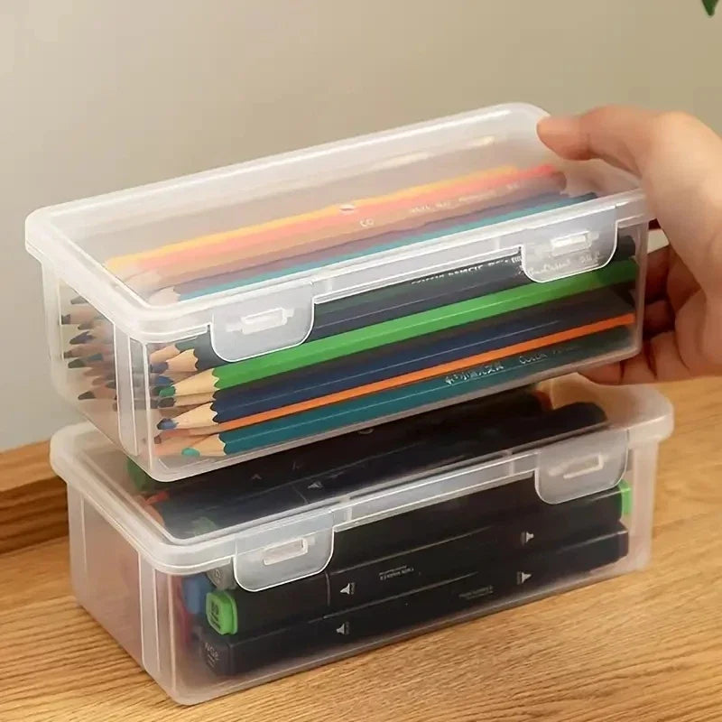 1pc Transparent Plastic Pencil Box School Office Supplies Pens Markers Erasers Tape Stickers Beads Storage Organizer Box