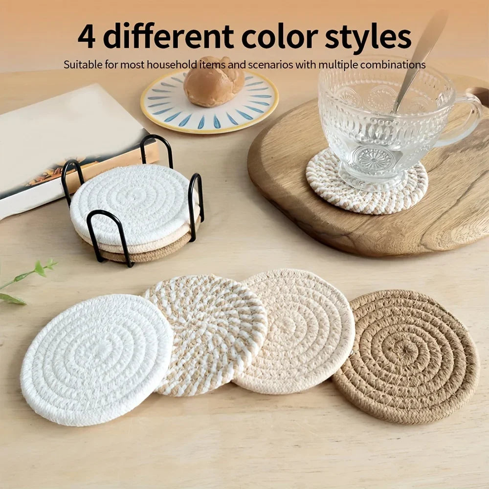 4pcs Woven Absorbent Coaster Set High-Temperature Resistant Cup Pad for Coffee Tea Drinks