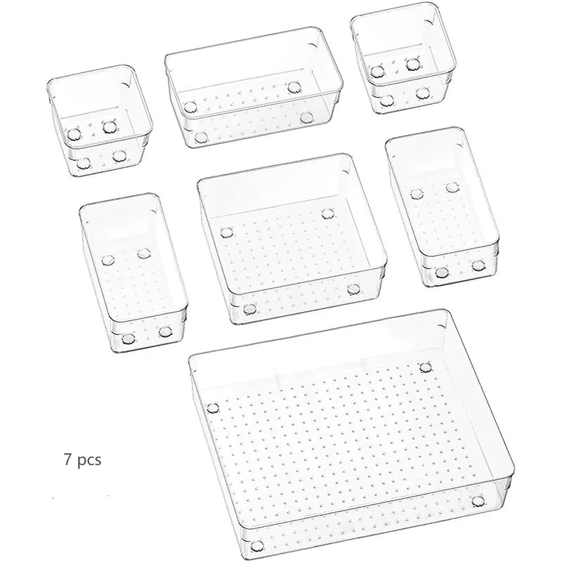 10-Piece Versatile Drawer Organizer Set - Clear Plastic Trays and Dividers in 4 Sizes for Perfect Makeup and Kitchen Storage
