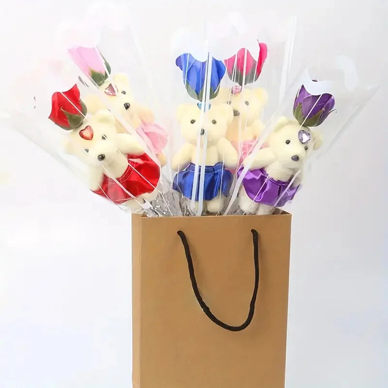 5PCS Artificial Rose Bear Flowers Soap Bouquet Set Lovely Flower Gift for Mother's Day Valentine's Birthday Wedding Home Decor