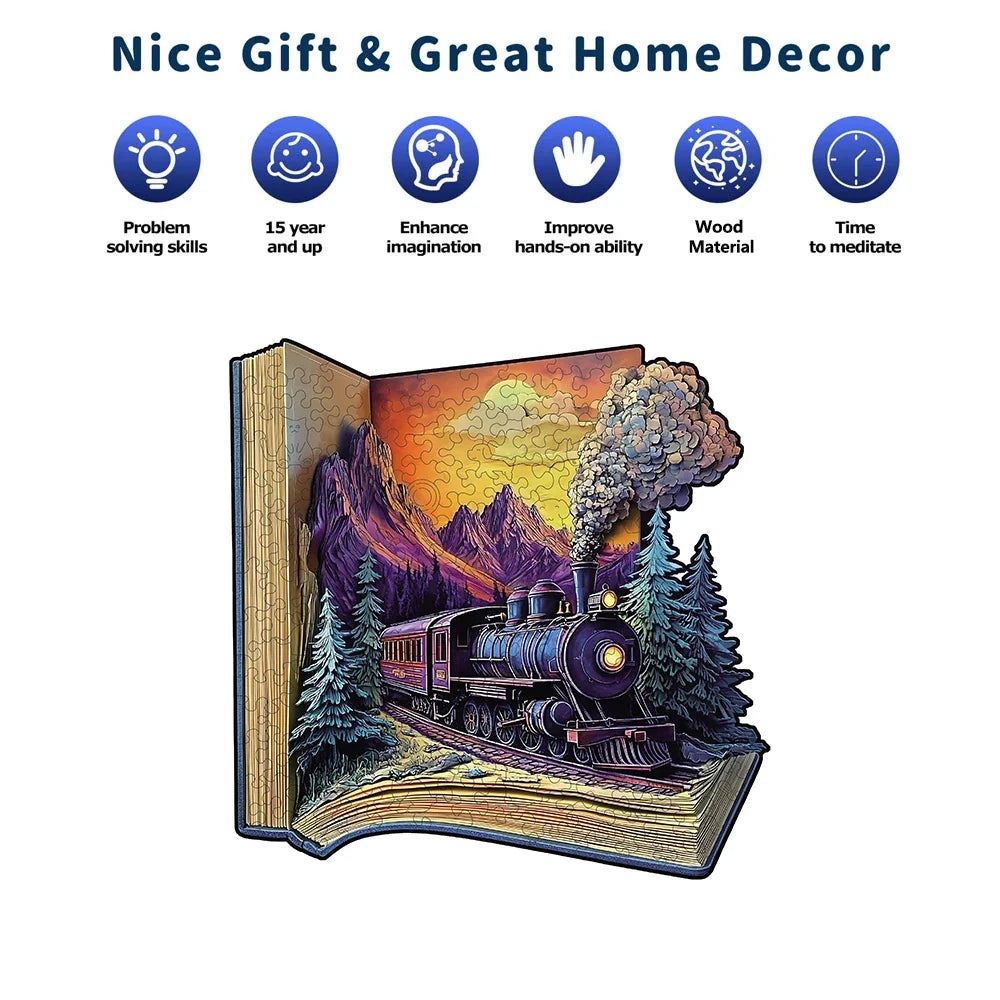 Wooden Puzzle for Adults -The train in the book Puzzle, Unique Shape Wooden Jigsaw Puzzles, Modern Art Home Decor