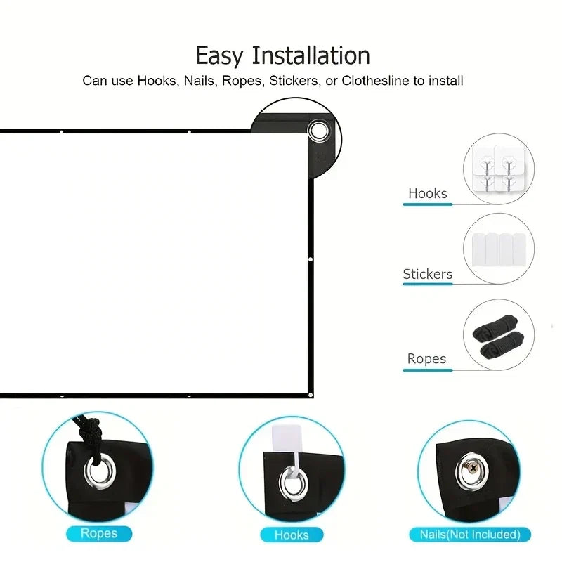 60 inch/72 inch/84 inch/100 inch/120 inch/150 inch HD projection screen with rope. Easy installation without drilling holes.