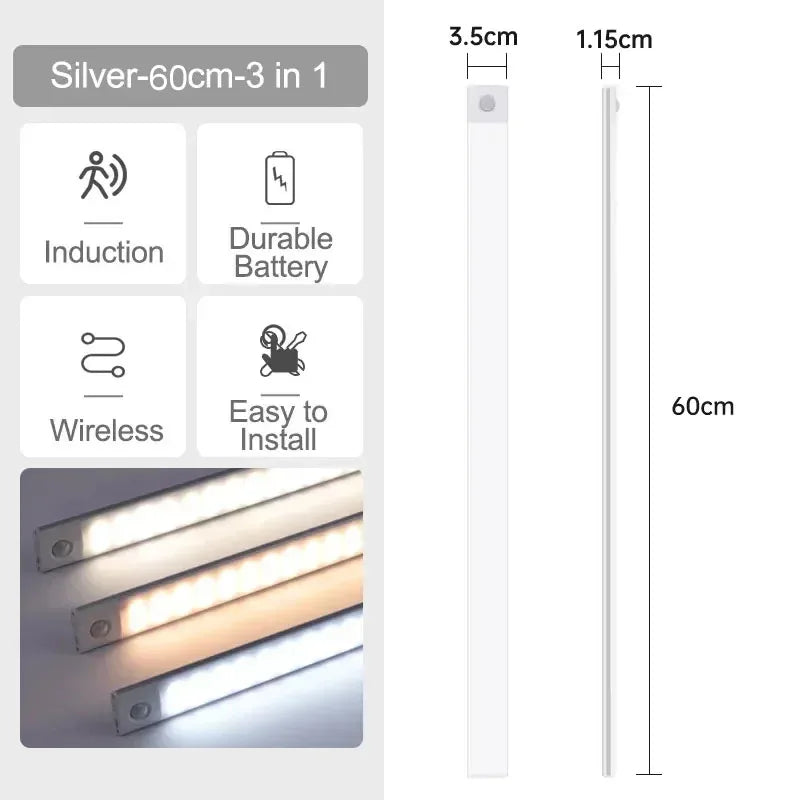 10-60cm Ultra-Thin Motion Sensor Light Magnetic Mount USB Rechargeable 3-Color Adjustment Under Cabinet Light for Home Office