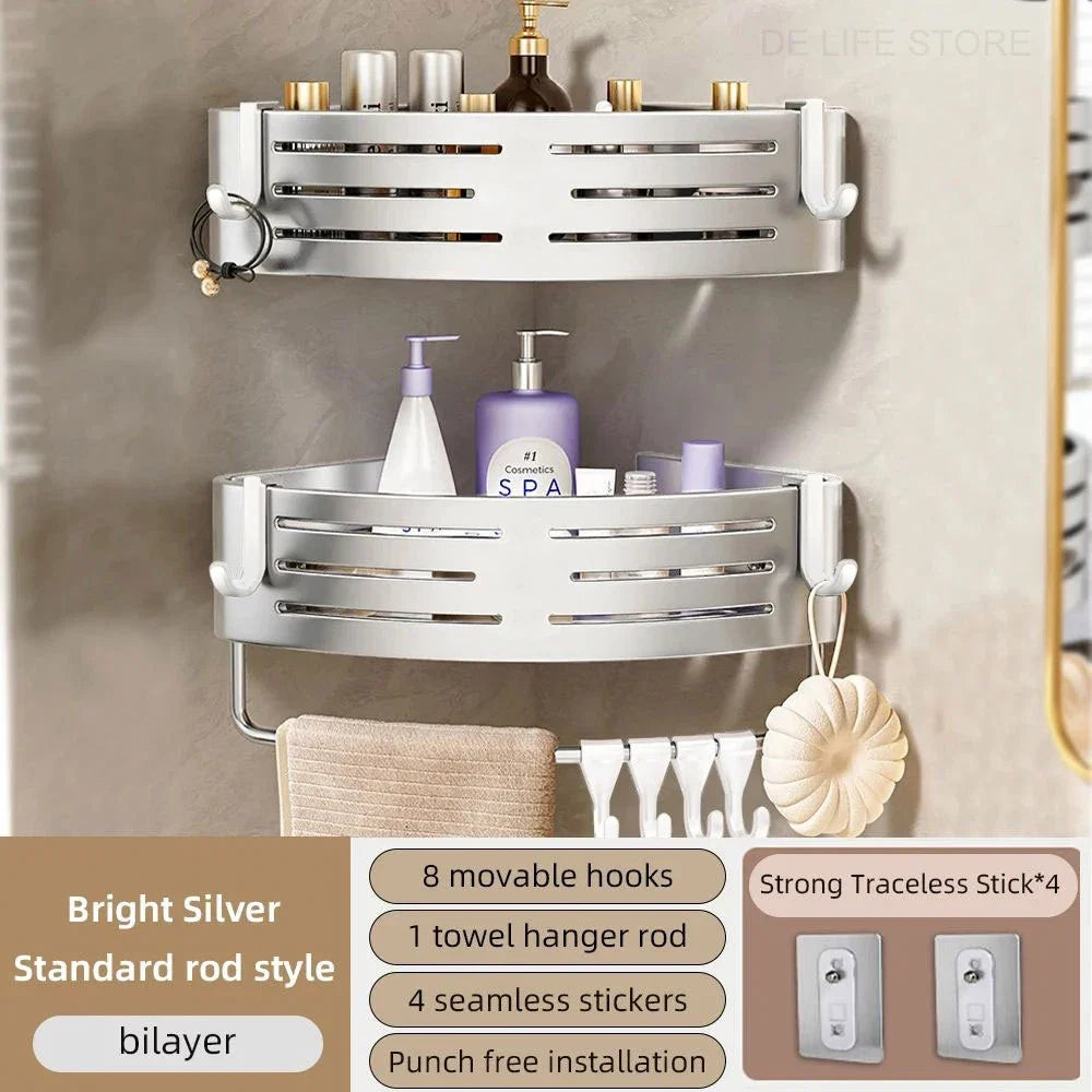 1-2PCS Bathroom Corner Shelf with Plastic Hook Towel Bar No Drill Space Aluminum Shower Storage Rack Bathroom Organizer