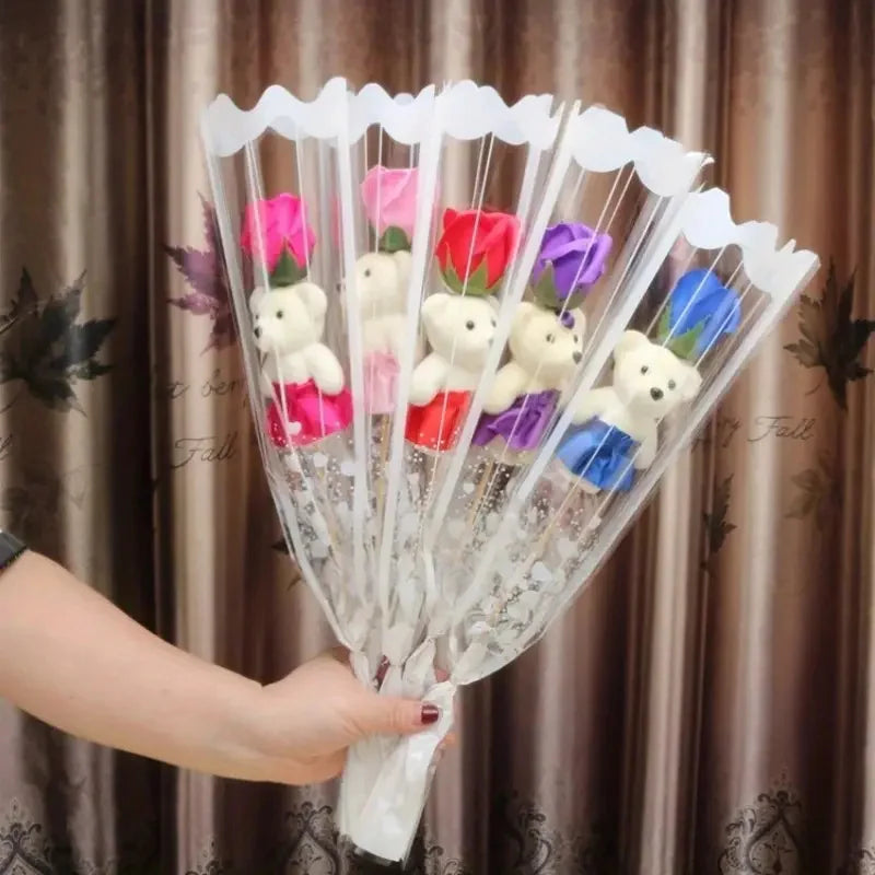 5PCS Artificial Rose Bear Flowers Soap Bouquet Set Lovely Flower Gift for Mother's Day Valentine's Birthday Wedding Home Decor