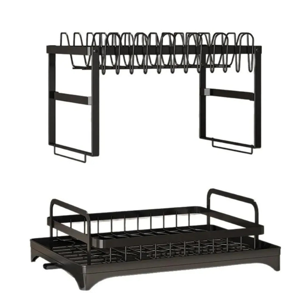 2-Tier Rotating Dish Drying Rack – 360° Swivel Drainboard with Utensil Holder, No-Drill Metal Kitchen Organizer