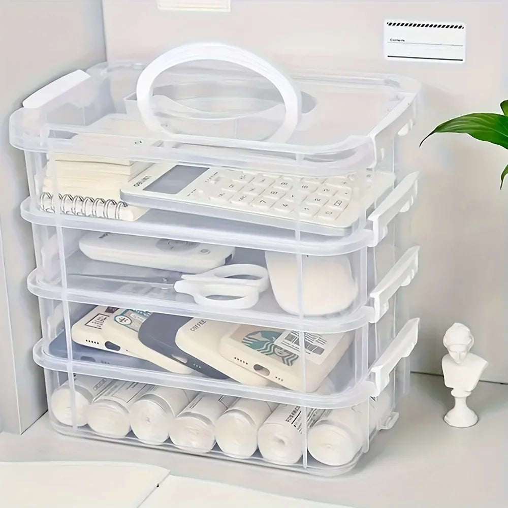 4-layer stackable transparent plastic storage box with lid, divided drawer organizer, suitable for hair accessories and jewelry
