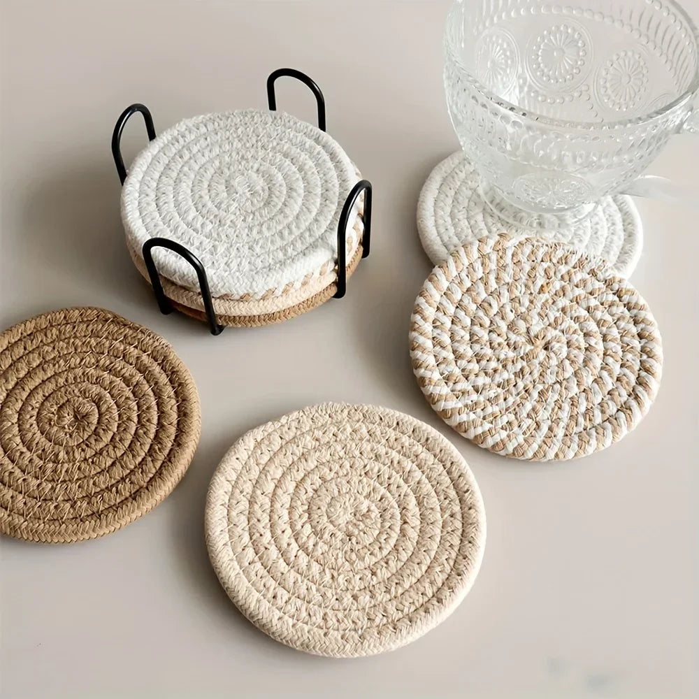 4pcs Woven Absorbent Coaster Set High-Temperature Resistant Cup Pad for Coffee Tea Drinks
