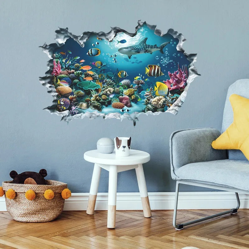 3D Shark Wall Decal | Ocean Underwater World Mural for Bedroom