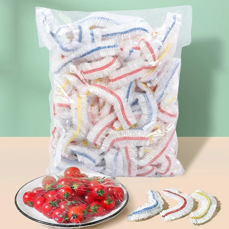 100Pcs Colorful Disposable Food Cover Hats Fruit Cover Elastic Plastic Shower Cap Storage Bag Kitchen Organizer Cling Film