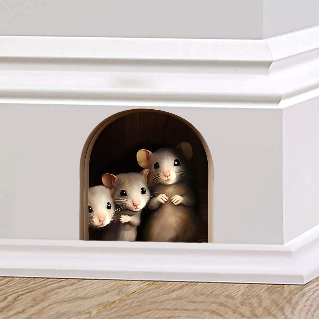 3D Mouse In Hole Wall Stickers | Waterproof Self-Adhesive Wall Decals