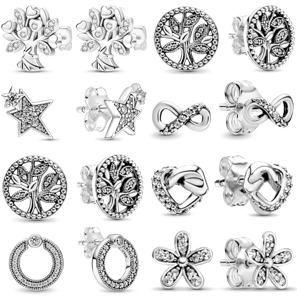 Double Hoop Family Tree Crown Earrings | 925 Sterling Silver Studs
