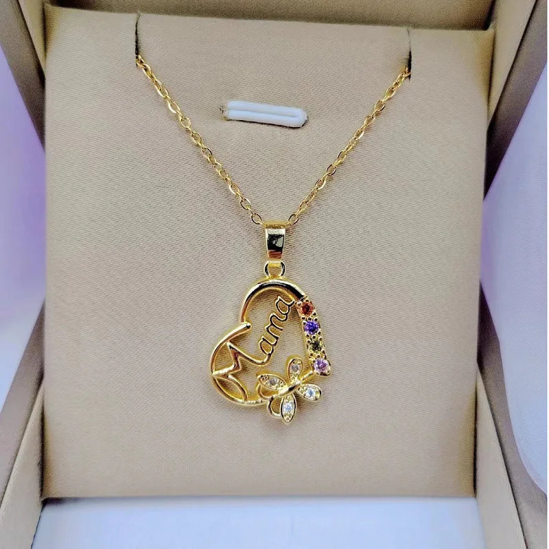 Mama Heart Pendant Necklace | Stainless Steel Crystal Choker for Women