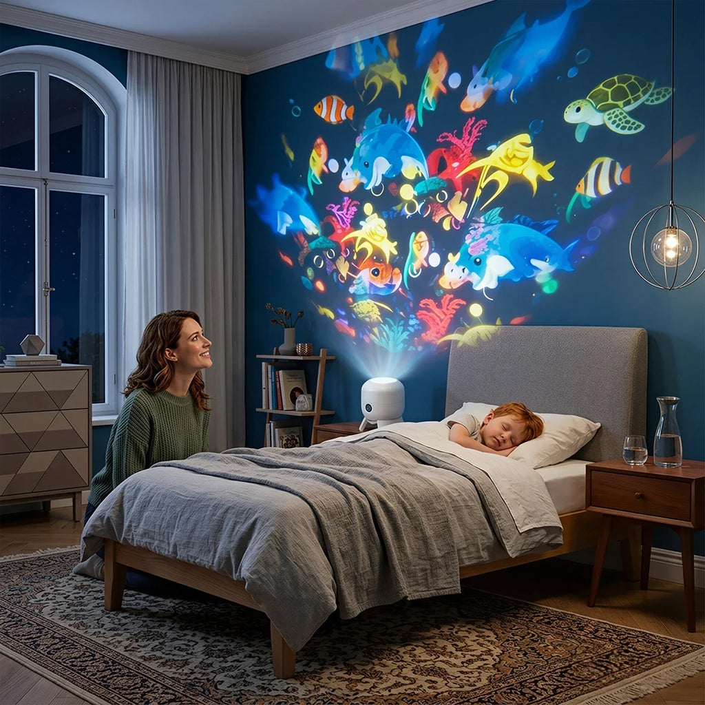 USB Powered 360° Rotating Dynamic Ambient Light LED Ocean Projector Night Light Ocean-Themed Decor Lamp for Living Room Bedroom