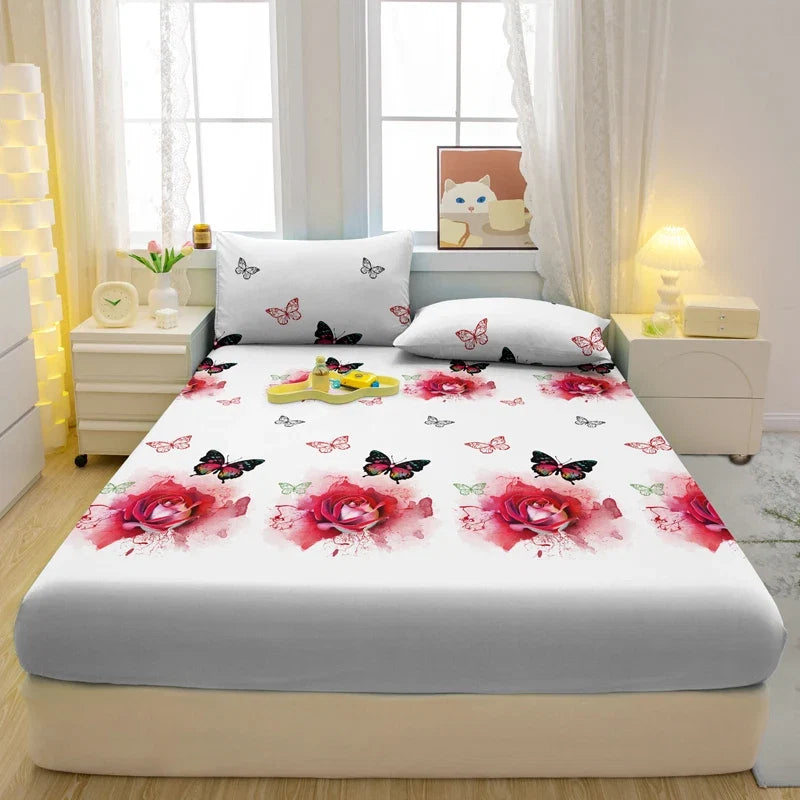 1 Simple Modern Plant Flower Butterfly Printed Matte Fitted Sheet, Bedroom Printed Bed Cover, Bedding (Excluding Pillowcases)