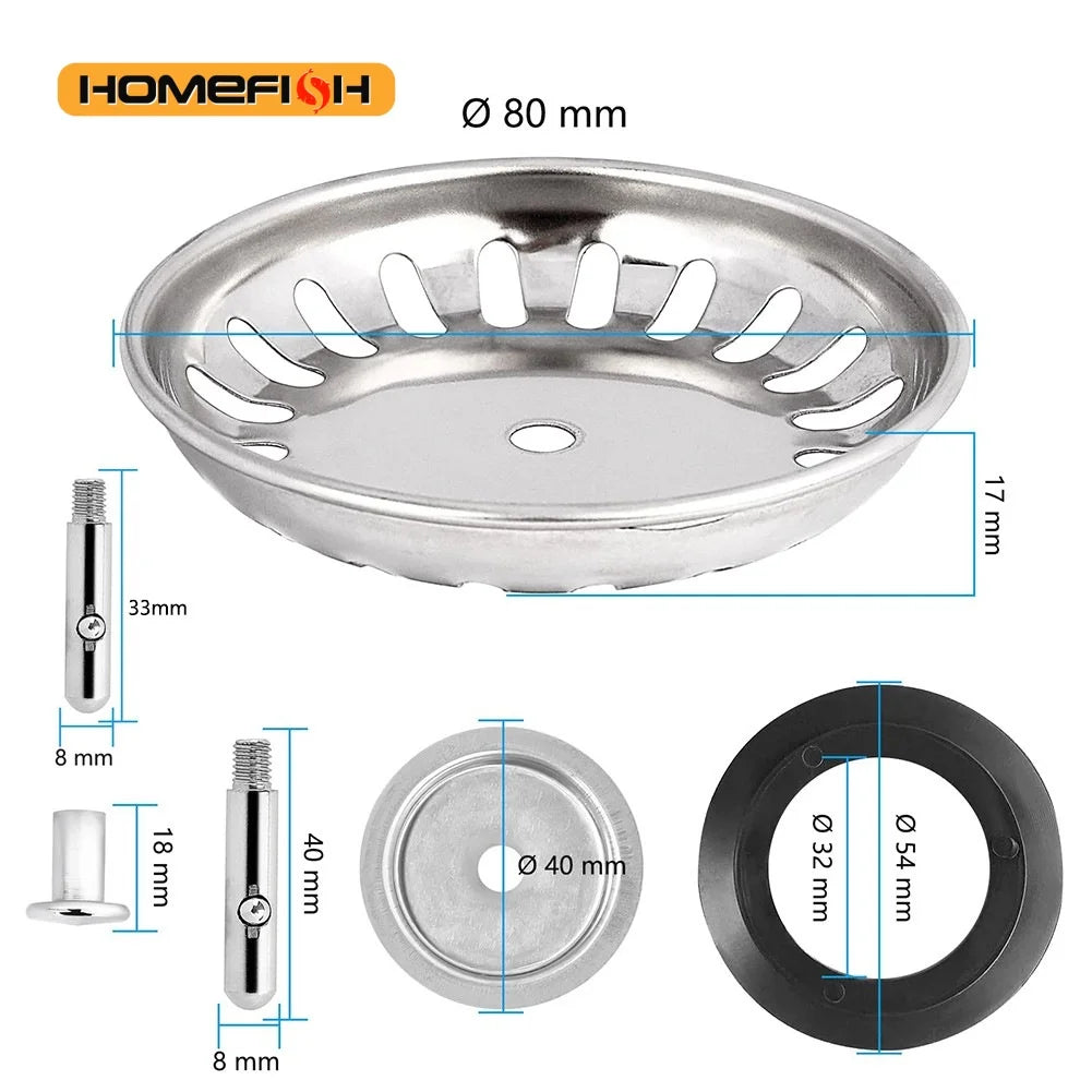 1 PCS Waste Plug Premium Kitchen Sink Strainer Replacement Basin Drain Filter Stainless Steel 80mm/82mm/84mm 2 Sizes Fixing Pin